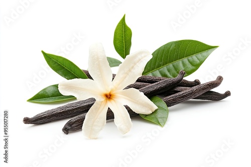 Vanilla flower and pods with leaves isolated on a white background . ai