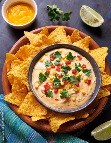 Top view of a bowl of Mexican street corn dip with nacho chips, featuring vibrant elote flavors and Latin American cuisine elements