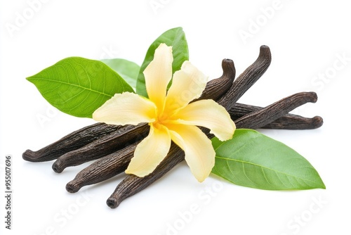 Vanilla flower and pods with leaves isolated on a white background , ai