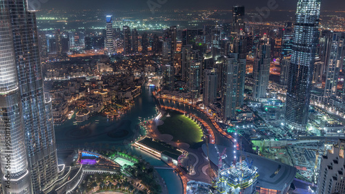 Amazing aerial view of Dubai downtown skyscrapers night timelapse, Dubai, United Arab Emirates photo