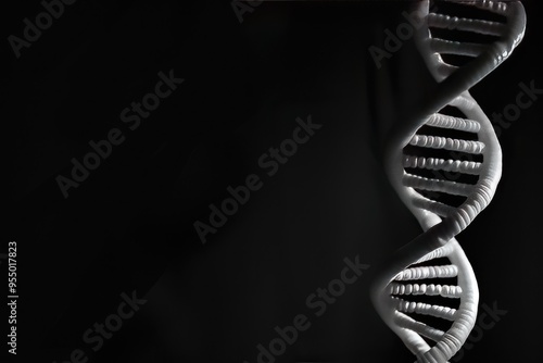 A DNA helix model on a black background symbolizes genetic research complexity