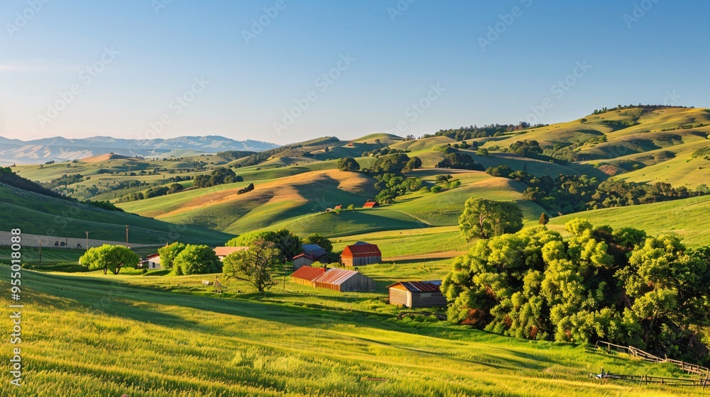Obraz premium Rural Panorama. Rolling Hills and Farmhouses Under a Clear Blue Sky, Bathed in the Soft Warm Light of Late Afternoon