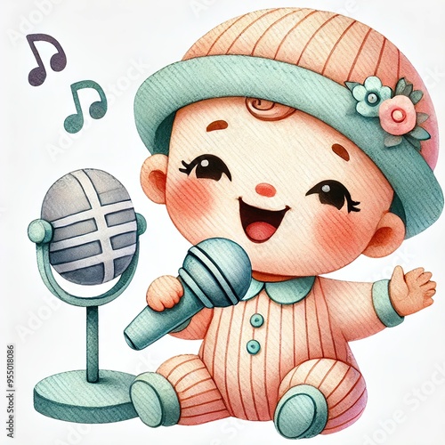 Cute baby singing with a microphone, wearing a playful hat, surrounded by music notes, perfect for cheerful illustrations. photo