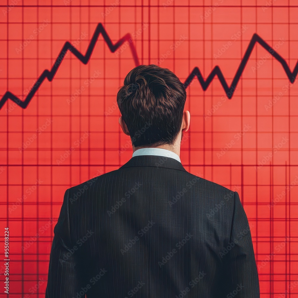 Businessman observing a falling interest rate graph with concern, economic downturn visualization Businessman observing a falling interest rate graph with concern, economic downturn visualization