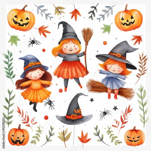 Cute Witches Halloween Clipart Illustration