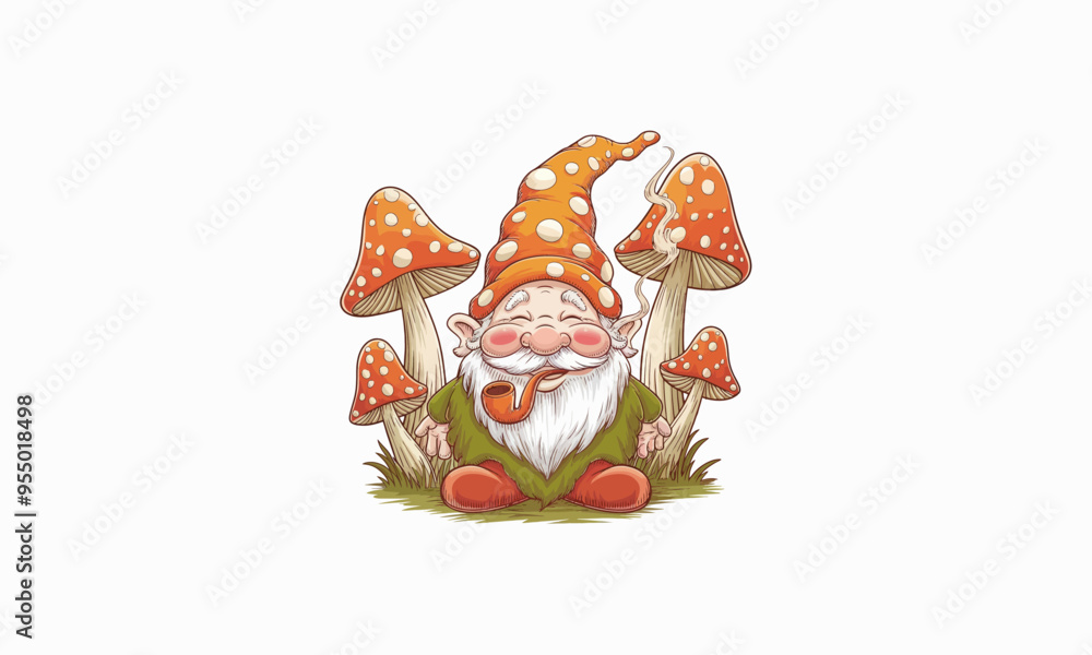 A gnome with a pipe, surrounded by mushrooms, smiling peacefully. A gnome with a pipe, surrounded by mushrooms, smiling peacefully.
