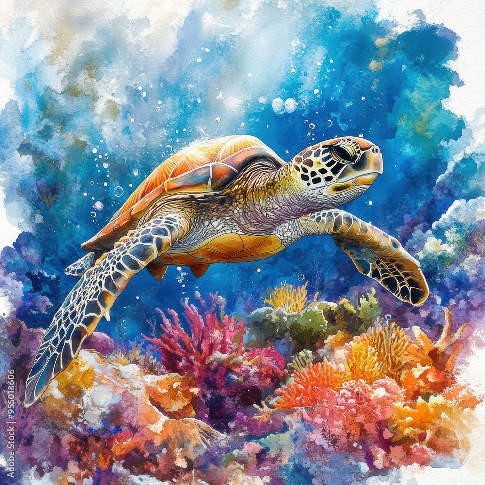 Fototapeta premium A colorful watercolor illustration showcases a sea turtle swimming over vibrant coral reefs, the image can be used for environmental awareness, ocean conservation, or educational materials,