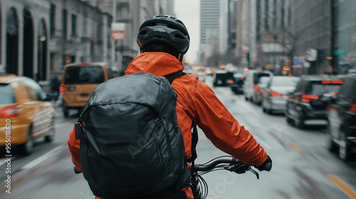 Delivery Biker Navigating Through Heavy Traffic