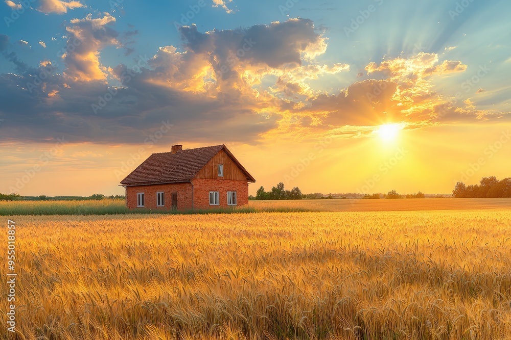A rustic farmhouse in the countryside surrounded by wheat fields at sunset A rustic farmhouse in the countryside surrounded by wheat fields at sunset