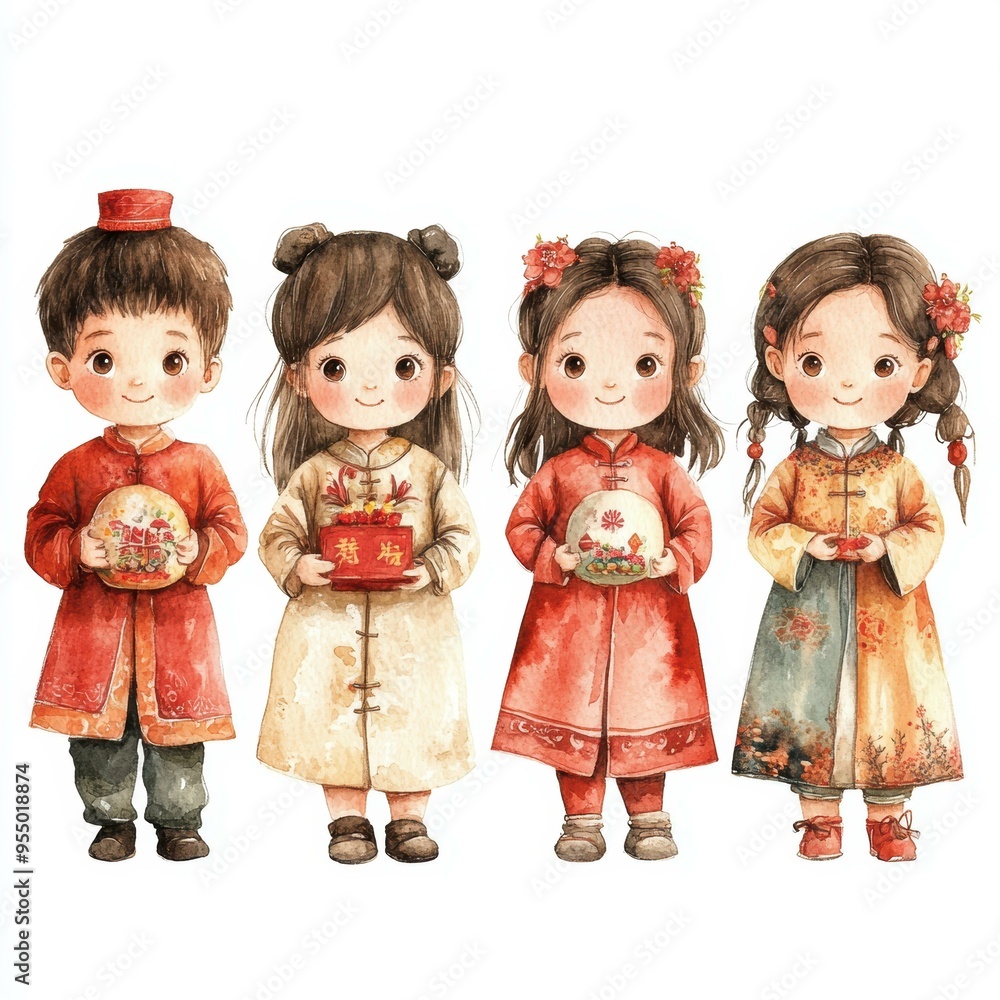 Illustration of four children in traditional attire holding festive items, perfect for holiday greeting cards, cultural celebrations, or educational materials about traditions, Illustration of four children in traditional attire holding festive items, perfect for holiday greeting cards, cultural celebrations, or educational materials about traditions,