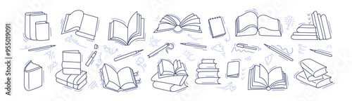 Open books set Hand drawn vector line illustration