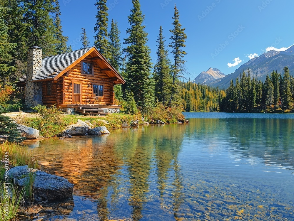 A cozy log cabin beside a sparkling lake surrounded by a pine forest and blue sky A cozy log cabin beside a sparkling lake surrounded by a pine forest and blue sky