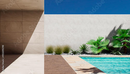 Tropical garden and swimming pool in modern luxury vacation house. Desert architecture design background. Mediterranean villa with empty concrete wall, palm tree, poolside and patio space.