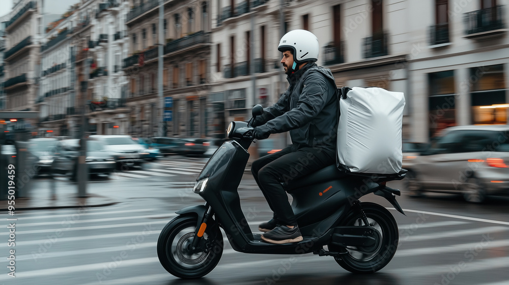 Food Delivery Rider on a Scooter with an Insulated Bag Food Delivery Rider on a Scooter with an Insulated Bag