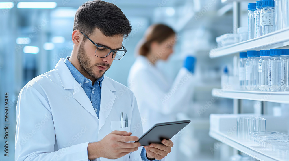 Fototapeta premium Scientist working on digital tablet while standing with coworker in background at laboratory