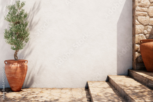 Empty stucco wall and stone floor of mediterranean traditional home exterior. Tropical and desert minimal architecture design background.