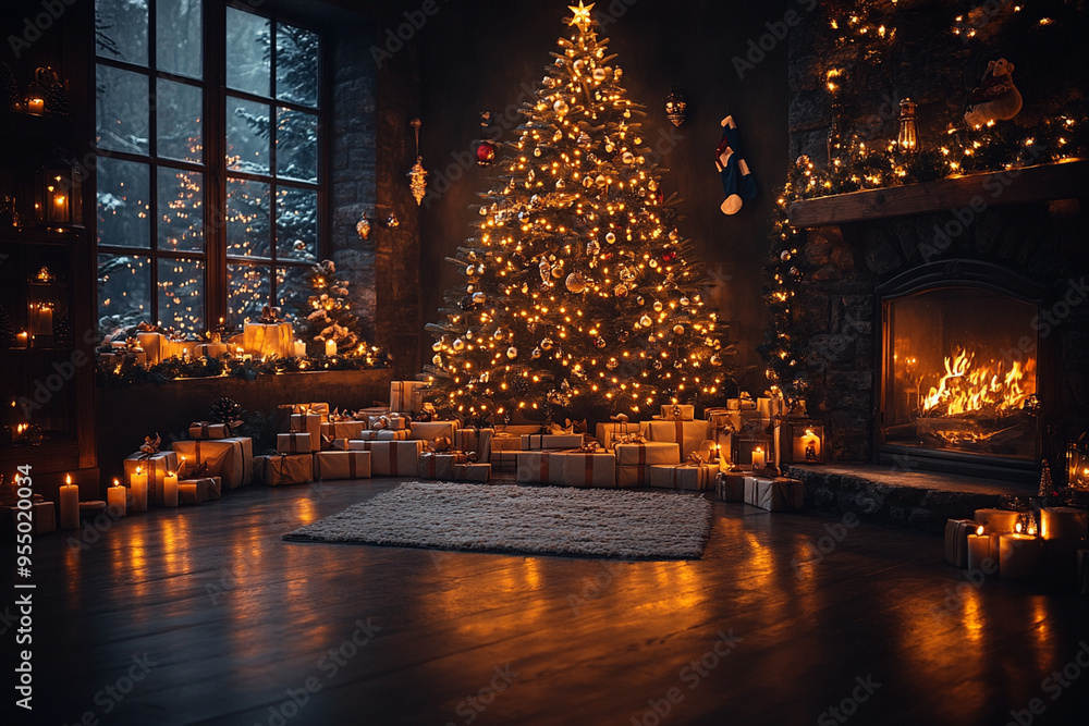 Christmas tree and decorations next to fireplace Christmas tree and decorations next to fireplace