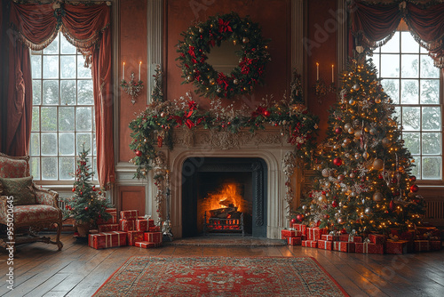 Christmas tree and decorations next to fireplace