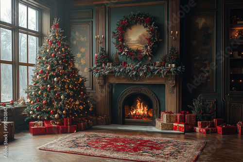 Wallpaper Mural Christmas tree and decorations next to fireplace Torontodigital.ca