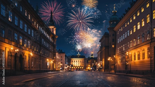 Vibrant Fireworks Display Over Historic City Street at Night