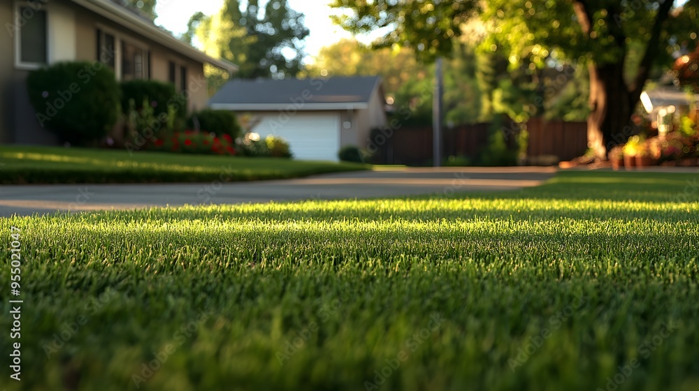 Lush green lawn in a well-maintained suburban backyard with trees and shrubs Lush green lawn in a well-maintained suburban backyard with trees and shrubs