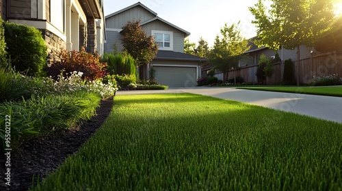 Peaceful Suburban Home with Lush Landscape and Manicured Yard at Sunset