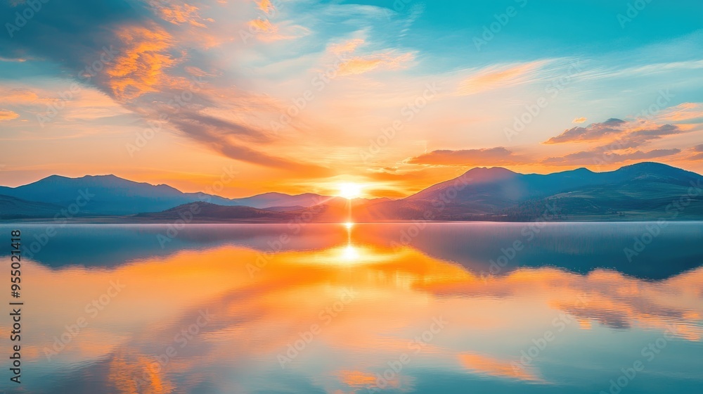 Serene sunset over a tranquil lake, reflecting distant mountains and a colorful sky with soft hues of orange and blue Serene sunset over a tranquil lake, reflecting distant mountains and a colorful sky with soft hues of orange and blue