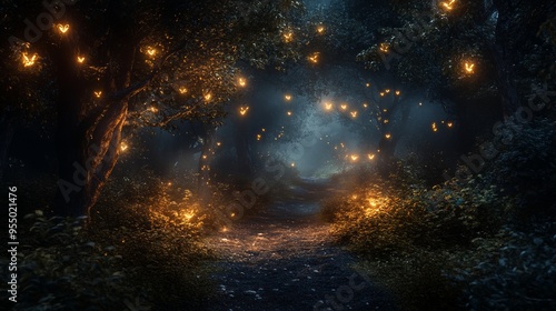 A magical forest path lit by glowing butterflies at night.