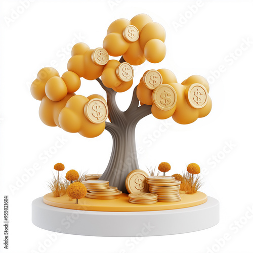 Golden Money Tree with Dollar Coins - 3D Render photo