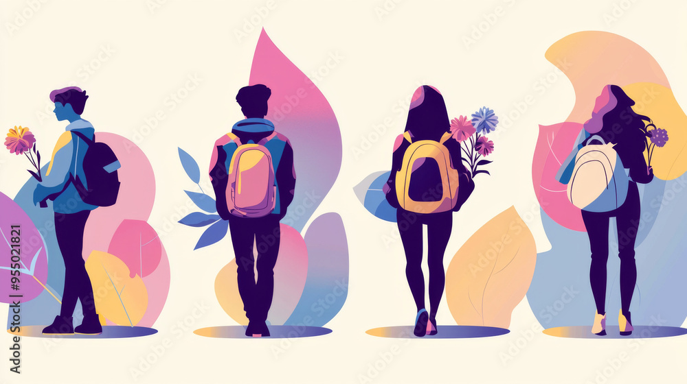 Four people are walking down a street, each carrying a backpack and a flower Four people are walking down a street, each carrying a backpack and a flower