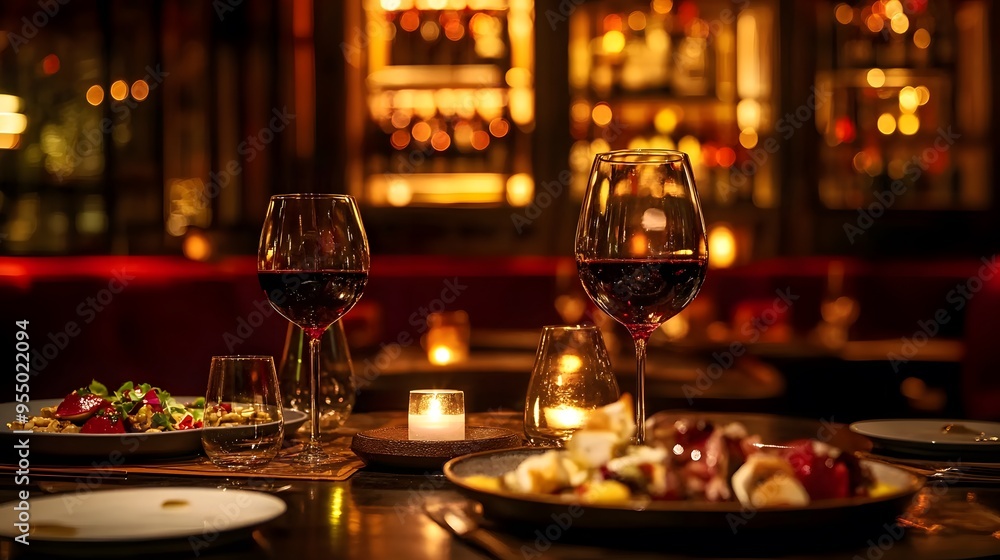 Fine dining atmosphere with wine and tapas surrounded by elegant deep reds Fine dining atmosphere with wine and tapas surrounded by elegant deep reds