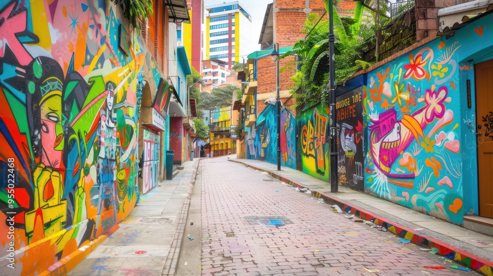 Fototapeta premium Colorful Street Art Alley in Comuna 13, Medellin, Colombia