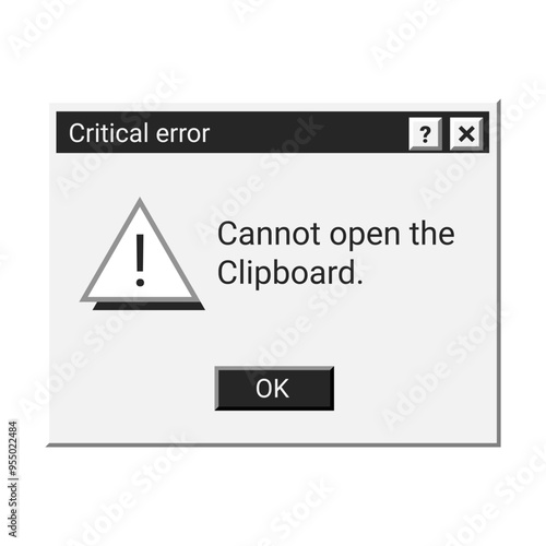 Retro critical error message in black color. Old warning window in old style. Fatal system crash.