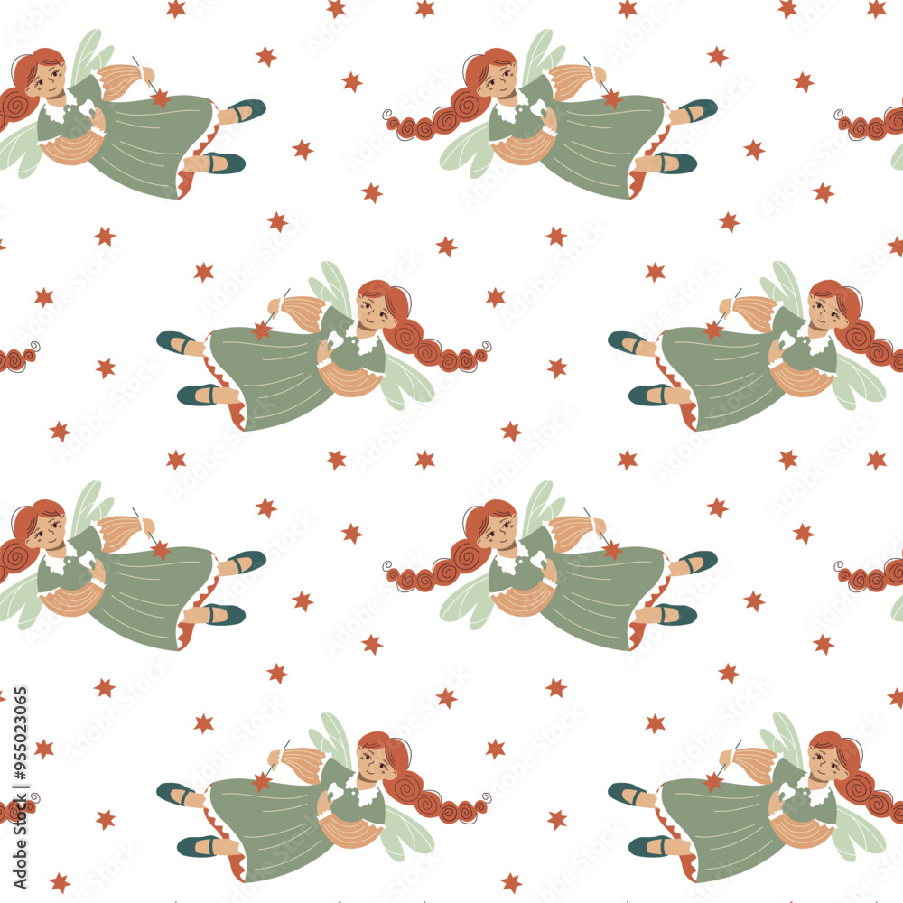 Repeat texture for textile for kids with cute cartoon fantasy characters. Nice tooth fairy wallpaper. A girls with a wings flying among stars. Repeat texture for textile for kids with cute cartoon fantasy characters. Nice tooth fairy wallpaper. A girls with a wings flying among stars.