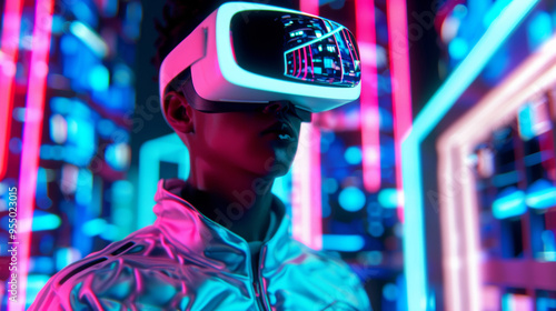 A 3D man wearing VR glasses stands in abstract cityscape maze with cyan and purple neon lights for futuristic sci-fi technology cyberpunk cool night web background