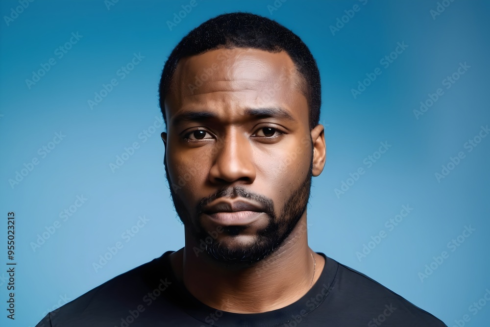 Portrait of a sad black man on isolated blue background. Serious expression capturing deep emotion. Portrait of a sad black man on isolated blue background. Serious expression capturing deep emotion.
