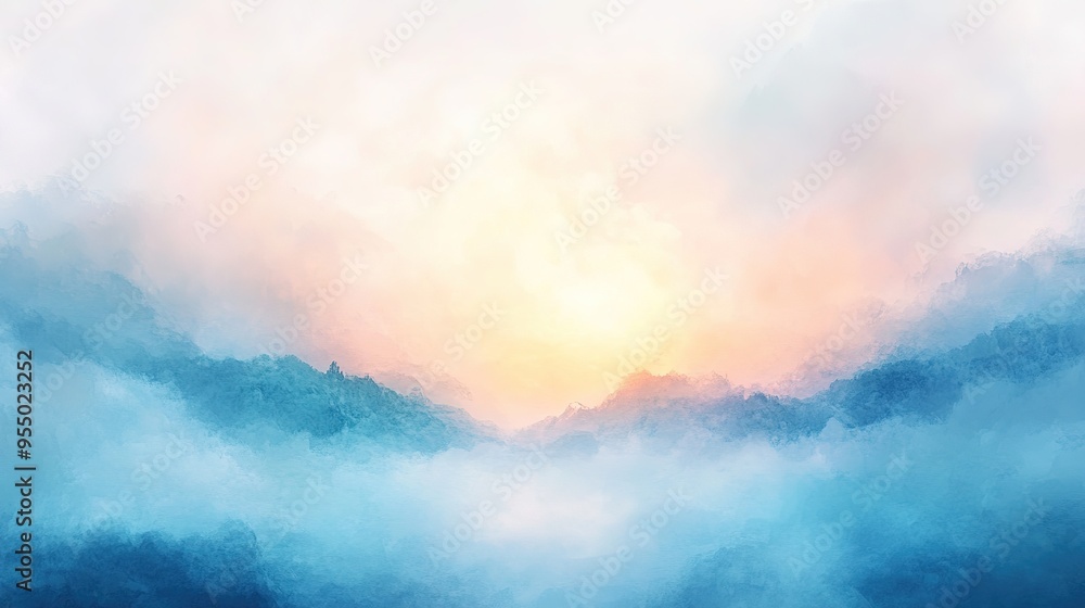 Naklejka premium Stunning Abstract Watercolor Landscape with Soft Pastel Colors, Sun Rays, and Misty Fog. Nature's Beauty Captured in High-Resolution Vector Illustration.
