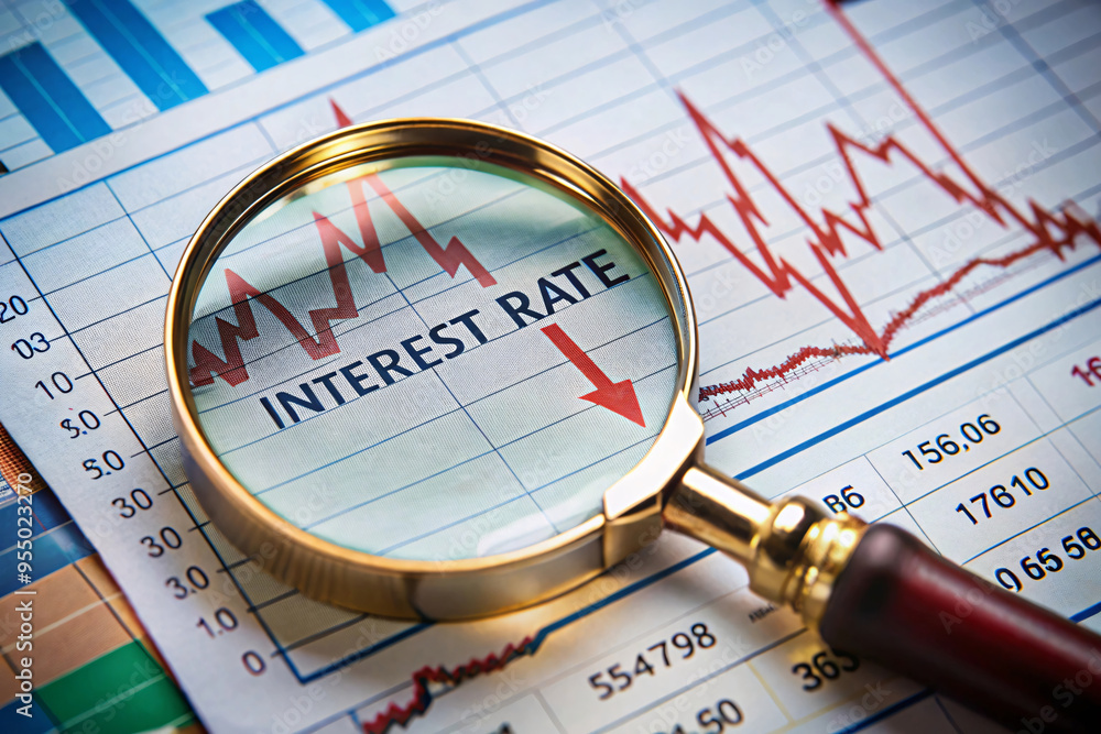 A close-up of a magnifying glass focusing on the words Interest Rate ...