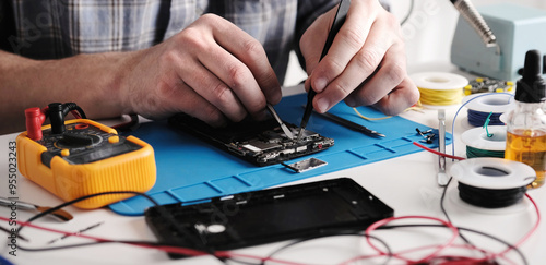 Wallpaper Mural Service Man Checking Broken Smartphone For Fixing In Repair Workshop Torontodigital.ca