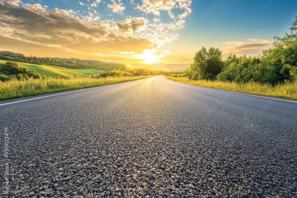 Serene Asphalt Road at Sunrise , ai Serene Asphalt Road at Sunrise , ai