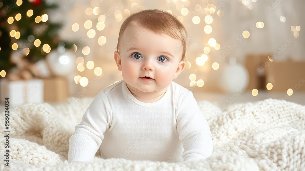 Baby bodysuit lying on a soft blanket with a backdrop of Christmas lights and garlands, creating a warm and inviting holiday scene, with room for text or branding. Baby bodysuit lying on a soft blanket with a backdrop of Christmas lights and garlands, creating a warm and inviting holiday scene, with room for text or branding.
