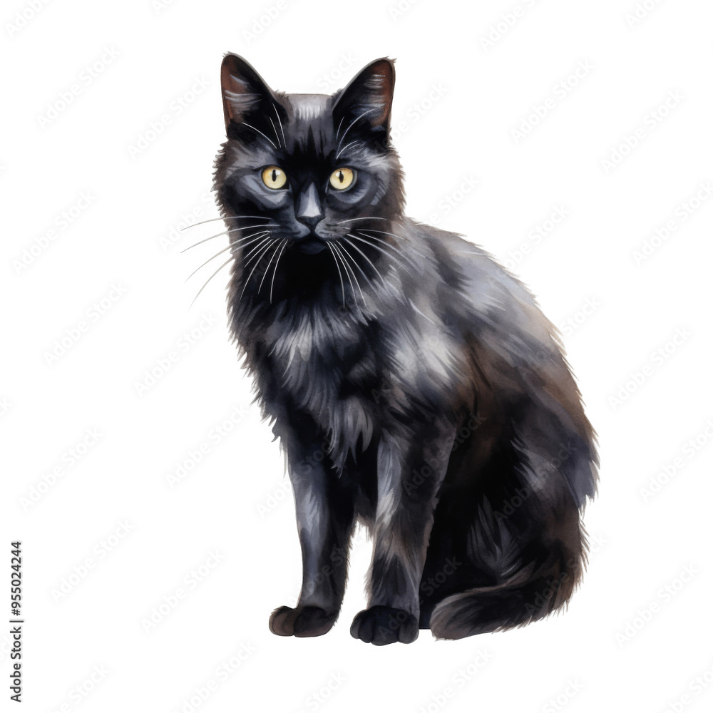 A Watercolor Painting of a Black Cat Sitting A Watercolor Painting of a Black Cat Sitting