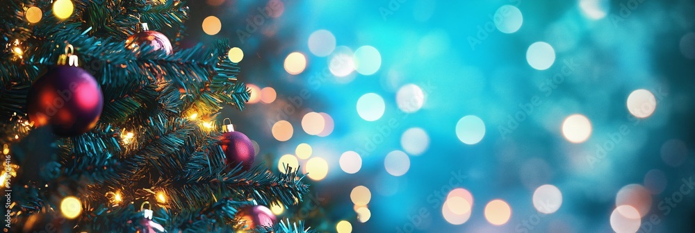 A Christmas tree with many ornaments and lights. The tree is surrounded by a blue background with a blurry effect A Christmas tree with many ornaments and lights. The tree is surrounded by a blue background with a blurry effect