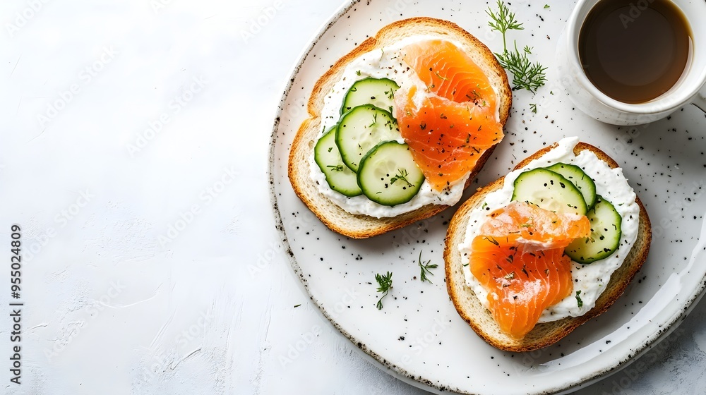 Open-Faced Salmon and Cucumber Toast with Dill on Plate Open-Faced Salmon and Cucumber Toast with Dill on Plate