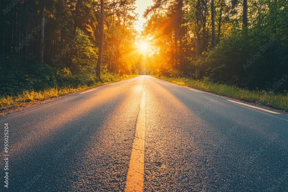 Fototapeta premium Serene Asphalt Road at Sunrise , ai
