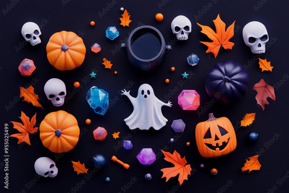 Halloween banner with witch cauldron, ghost, crystal, skulls. Scary. Halloween party poster Halloween banner with witch cauldron, ghost, crystal, skulls. Scary. Halloween party poster