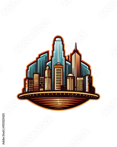 Editable stroke vector of a skyline with 8 tall skyscrapers.