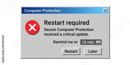 Computer protection message. Danger error notification on scree. Restart pc message.