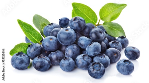 Fresh Blueberries with Green Leaves