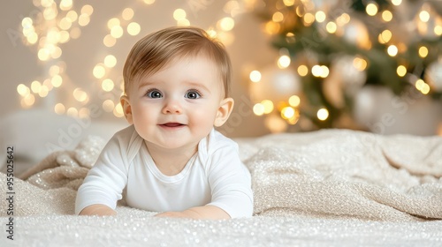 Baby bodysuit lying on a soft blanket with a backdrop of Christmas lights and garlands, creating a warm and inviting holiday scene